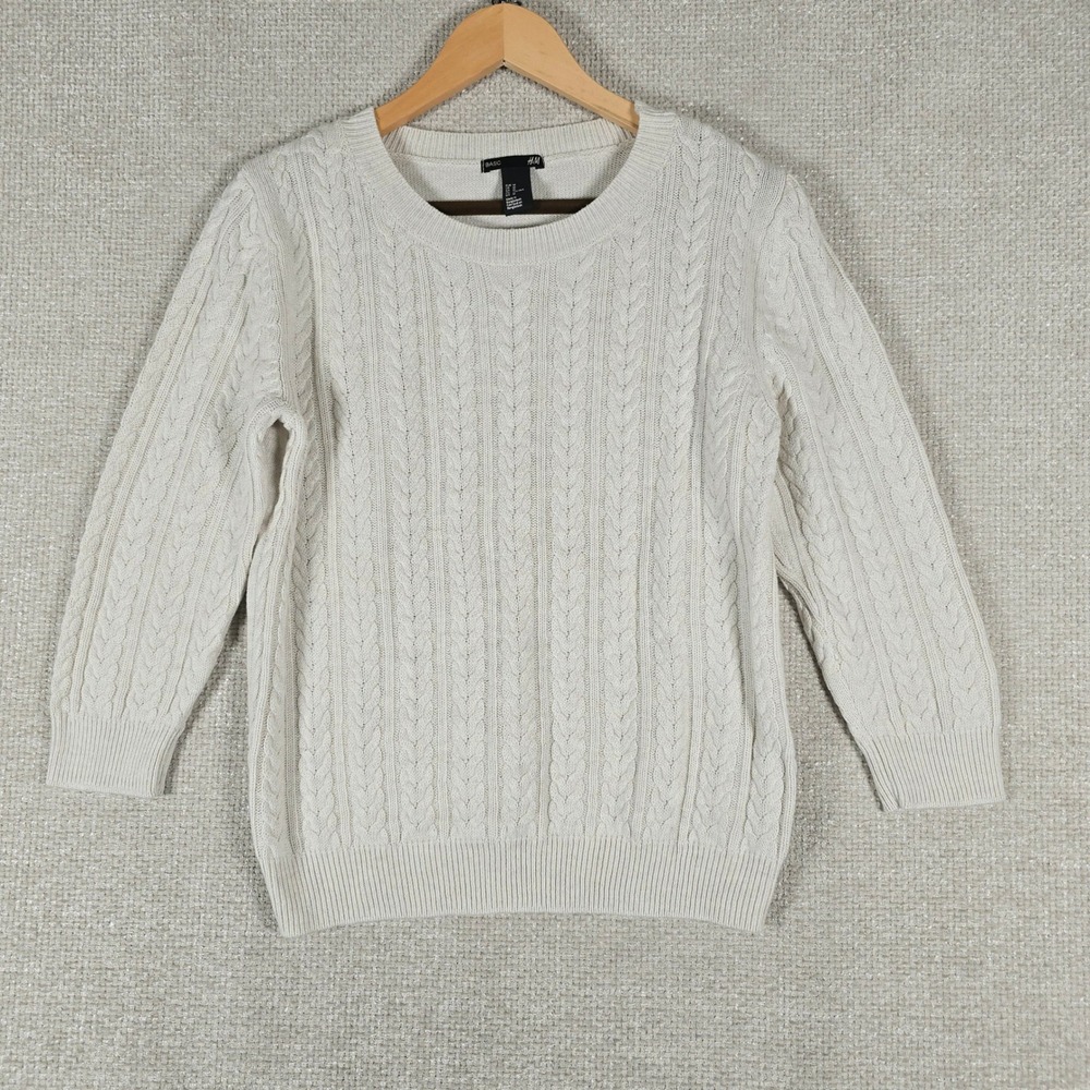 HM Basic Women Cream White Cable Knit Crew Neck‎ Wool Blend Sweater Size Medium